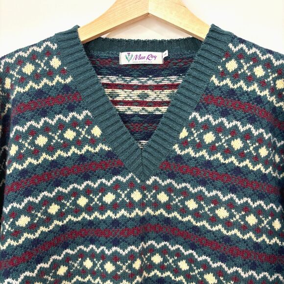 Vintage Mac Roy Wool Sweater Mens Large Scotland Green Grandpa 80s Holiday Ski - Picture 3 of 10